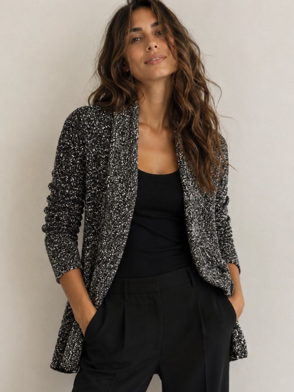 Eileen Fisher Marled Cotton Open Cardigan Sweater Black Speckled Women's Sz S